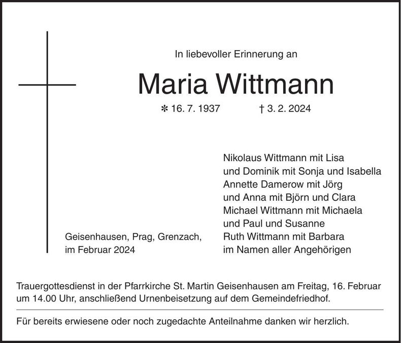 Traueranzeige Maria Wittmann