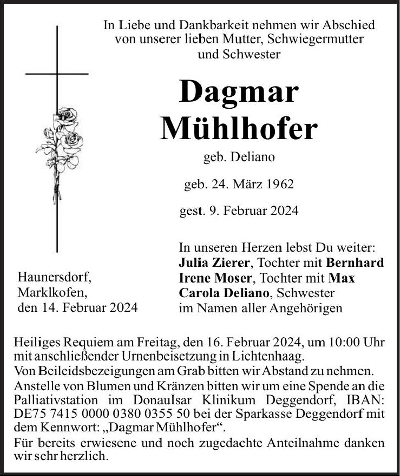 Traueranzeige Dagmar Mühlhofer