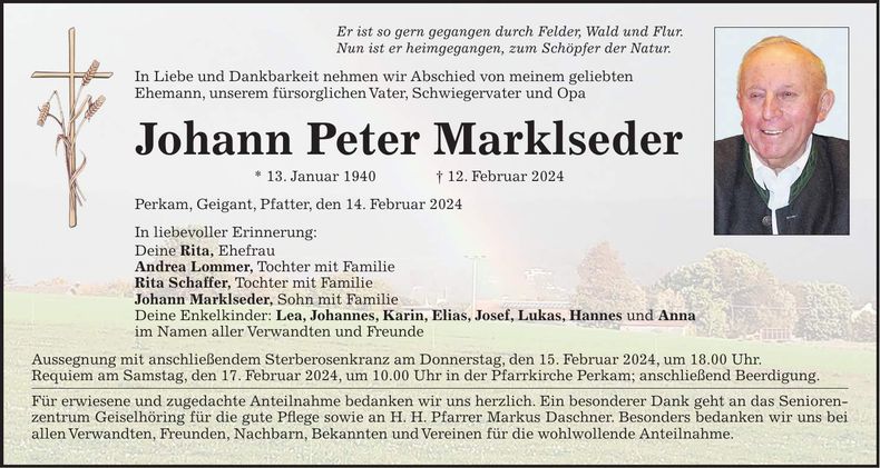 Traueranzeige Johann Peter Marklseder