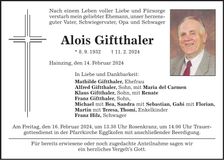 Traueranzeige Alois Giftthaler