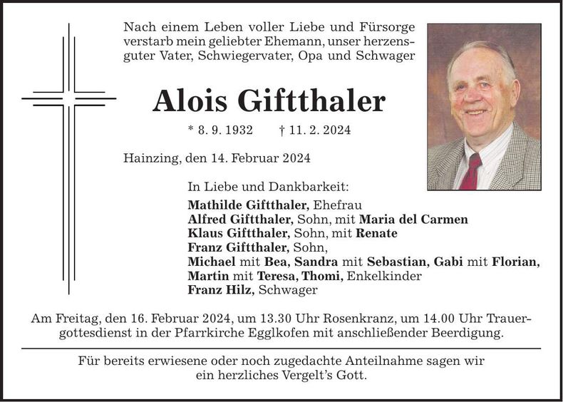 Traueranzeige Alois Giftthaler