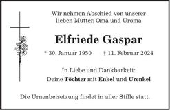 Traueranzeige Elfriede Gaspar