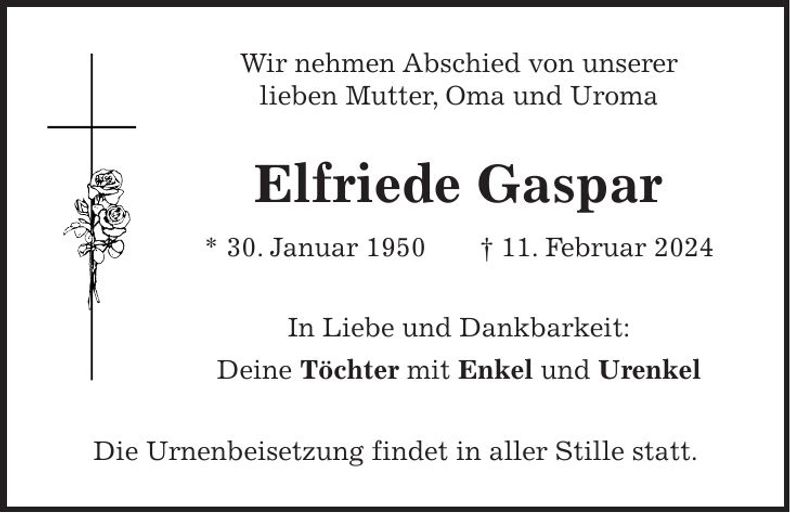 Traueranzeige Elfriede Gaspar