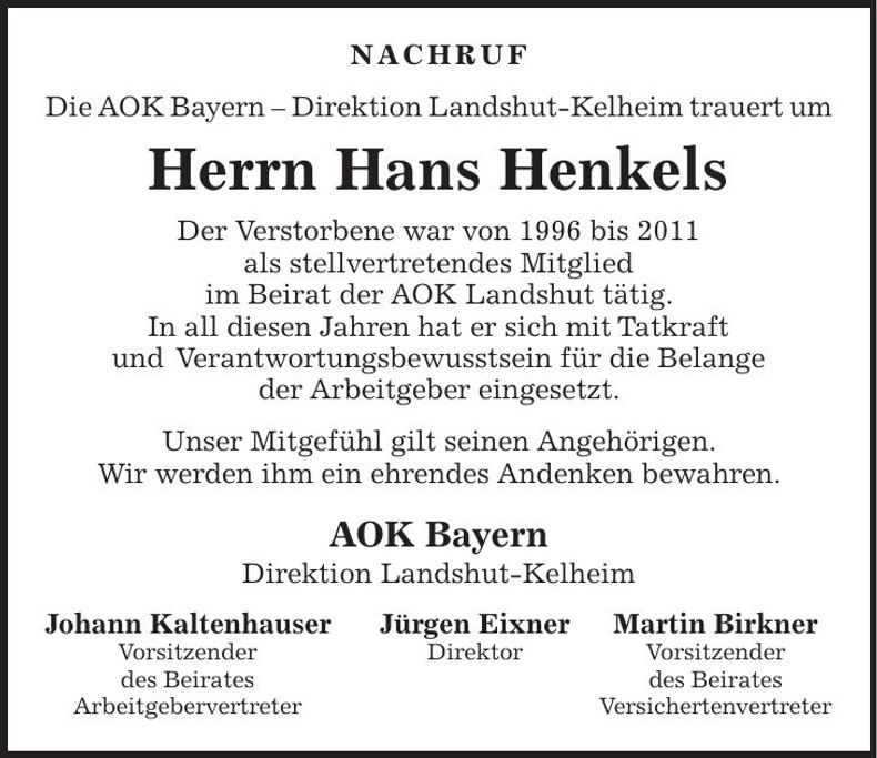 Traueranzeige Hans Henkels