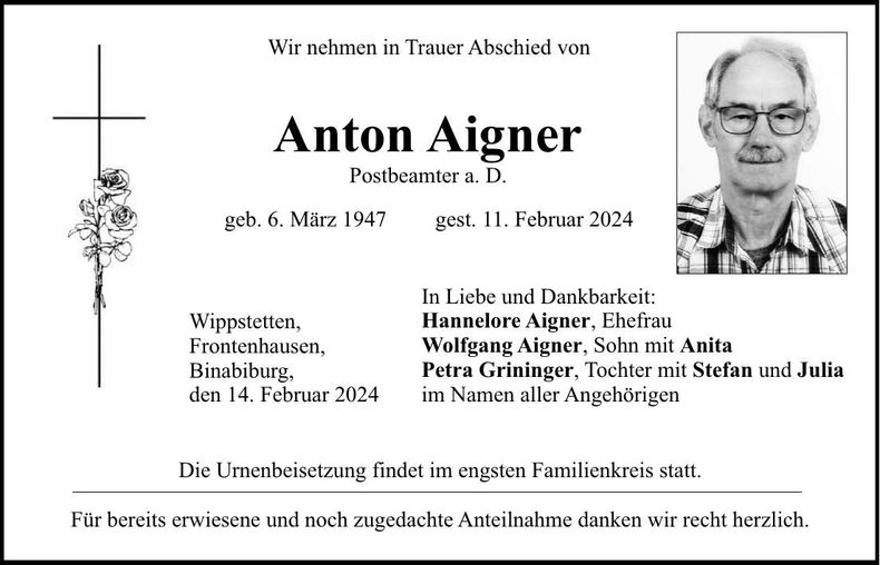 Traueranzeige Anton Aigner