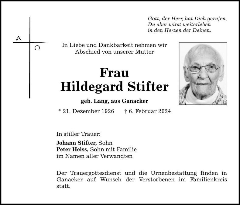 Traueranzeige Hildegard Stifter