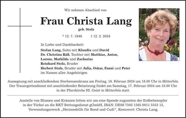Traueranzeige Christa Lang