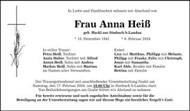 Traueranzeige Anna Heiß