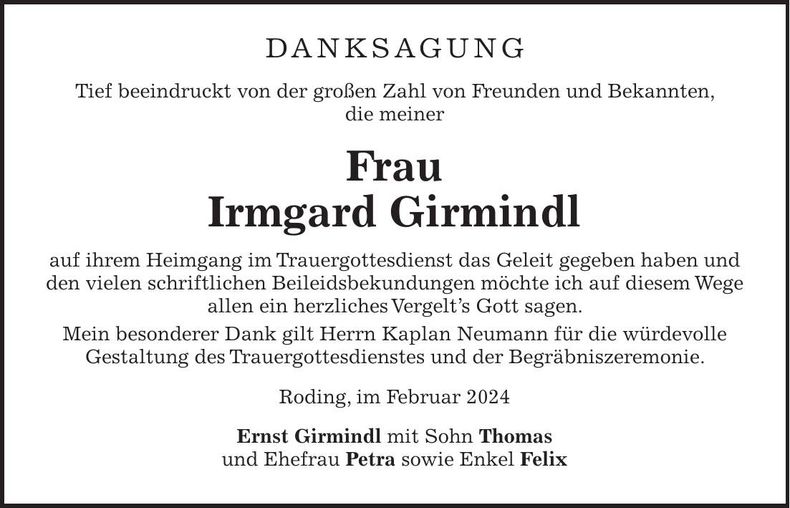 Traueranzeige Irmgard Girmindl