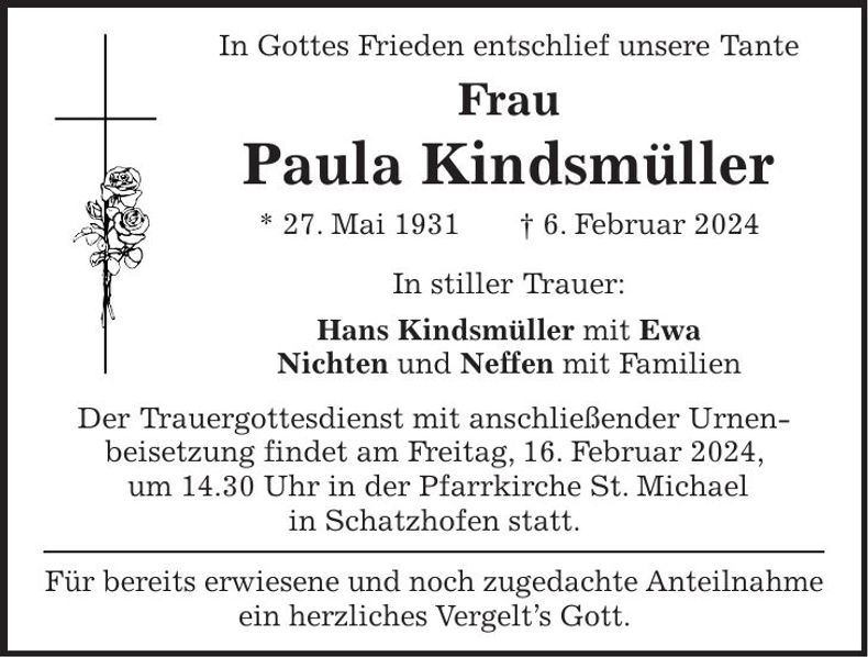 Traueranzeige Paula Kindsmüller
