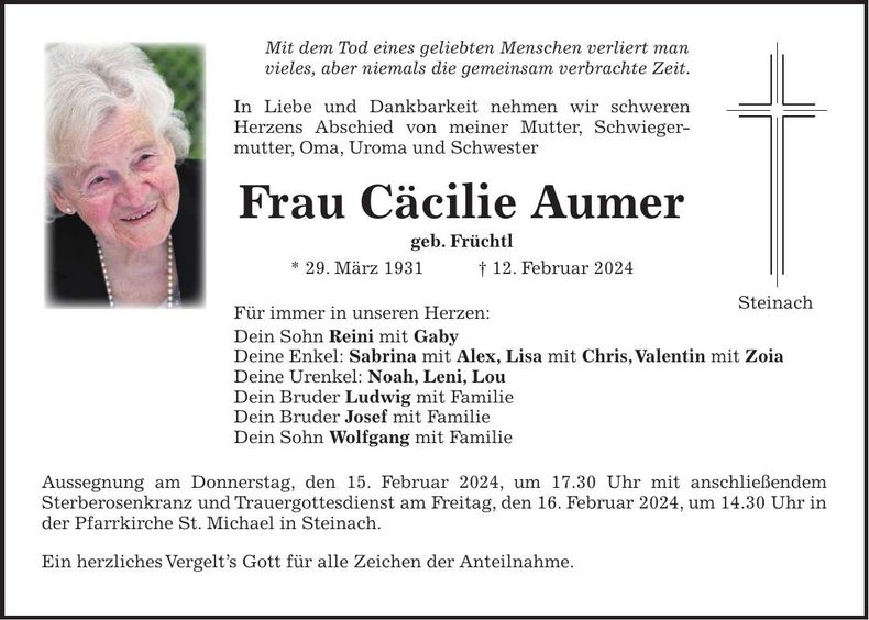 Traueranzeige Cäcilie Aumer