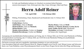 Traueranzeige Adolf Reiner