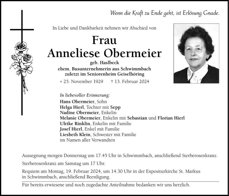 Traueranzeige Anneliese Obermeier