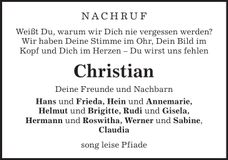 Traueranzeige Christian Preu