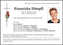 Traueranzeige Franziska Dimpfl