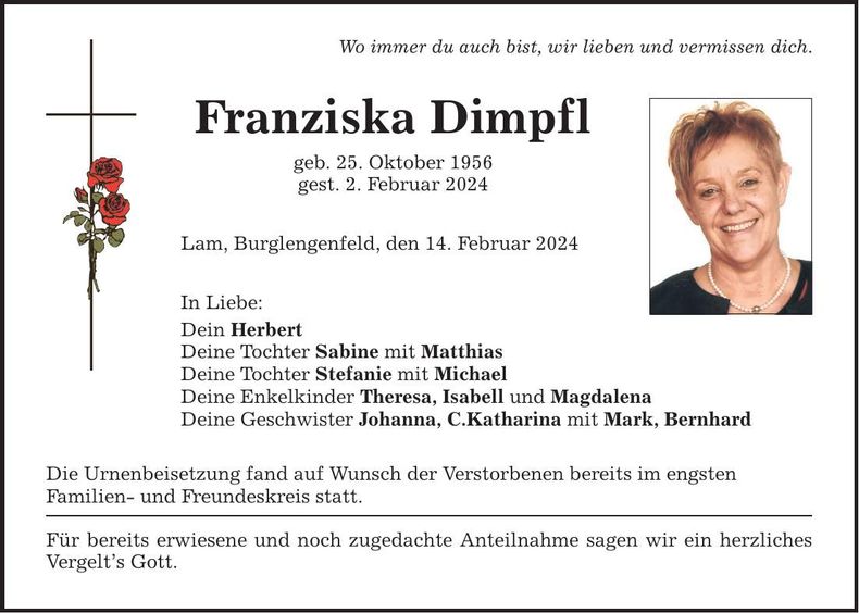 Traueranzeige Franziska Dimpfl