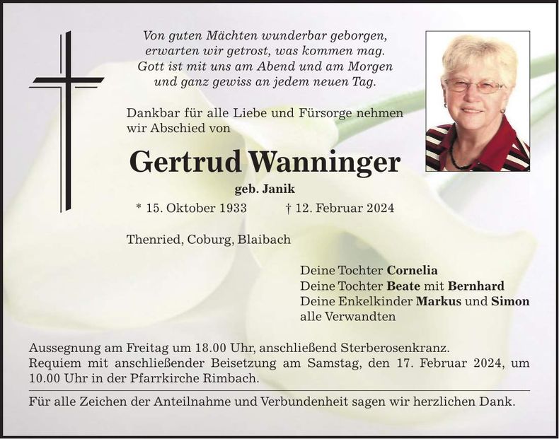 Traueranzeige Gertrud Wanninger