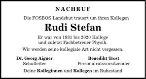 Traueranzeige Rudolf Stefan