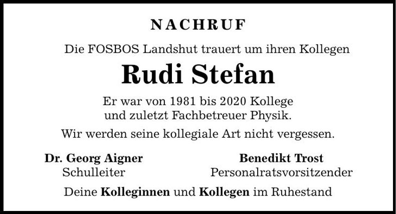 Traueranzeige Rudolf Stefan