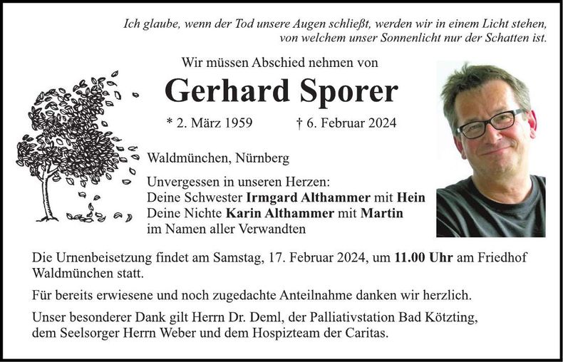 Traueranzeige Gerhard Sporer