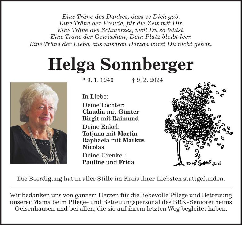 Traueranzeige Helga Sonnberger