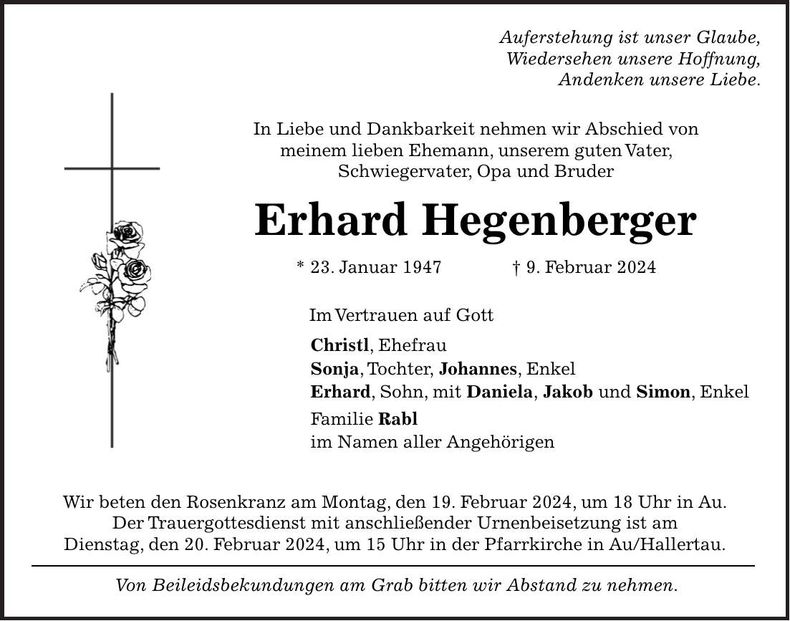 Traueranzeige Erhard Hegenberger