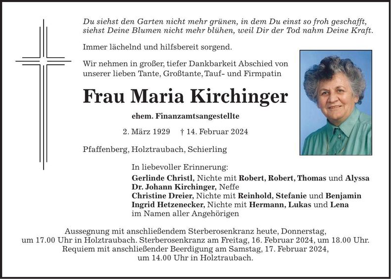 Traueranzeige Frau Maria Kirchinger