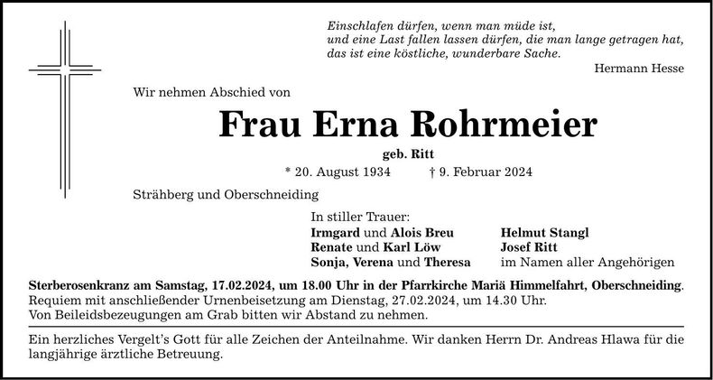 Traueranzeige Erna Rohrmeier