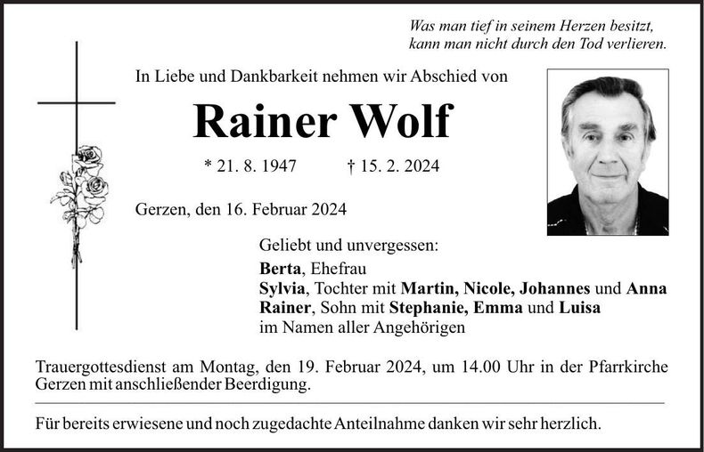 Traueranzeige Rainer Wolf