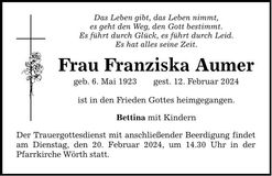 Traueranzeige Franziska Aumer