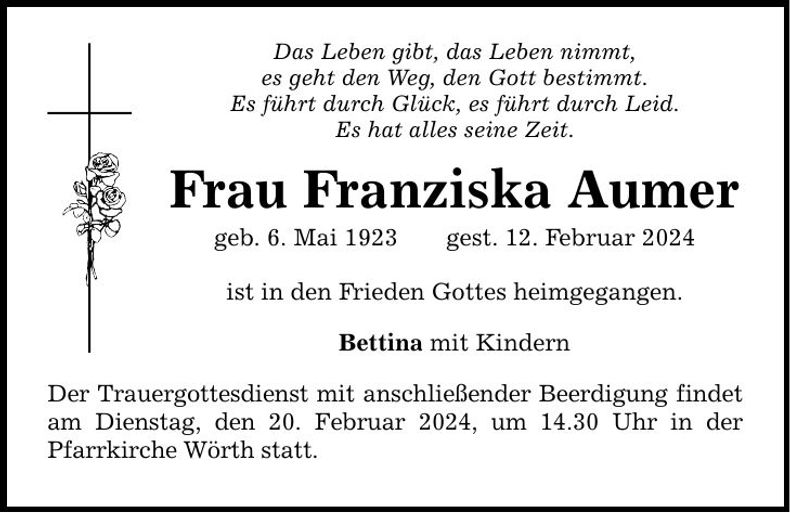 Traueranzeige Franziska Aumer