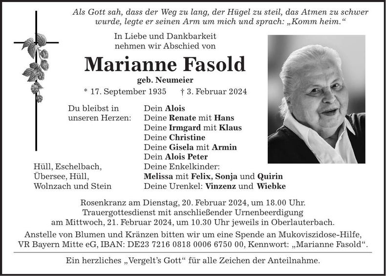 Traueranzeige Marianne Fasold