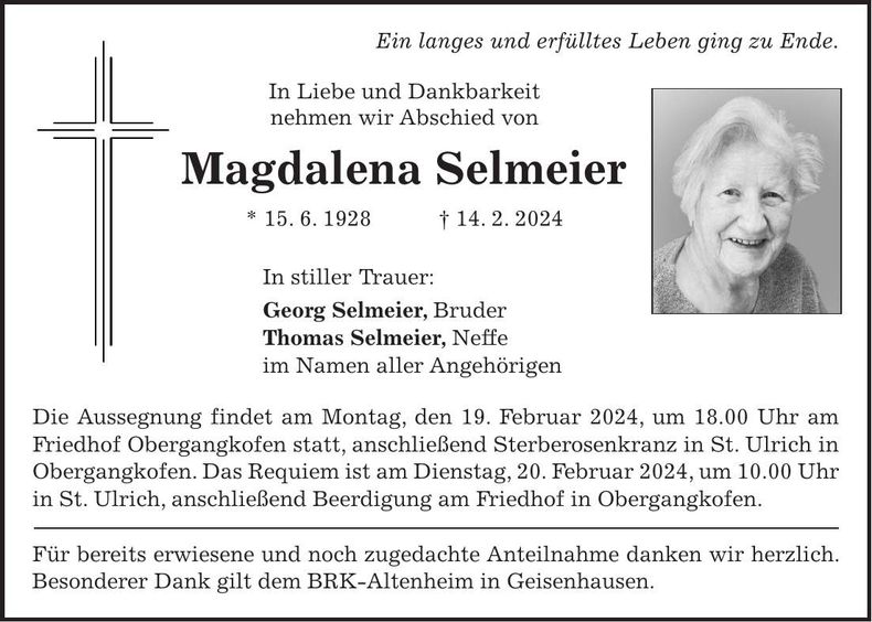 Traueranzeige Magdalena Selmeier
