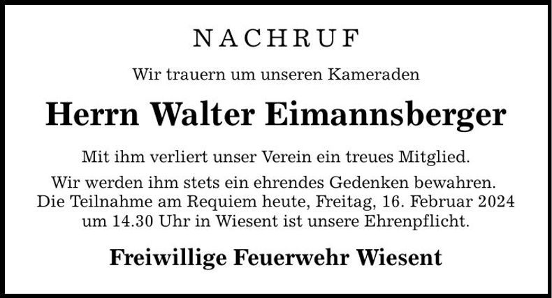 Traueranzeige Walter Eimannsberger