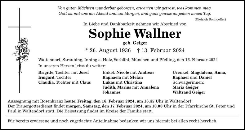 Traueranzeige Sophie Wallner