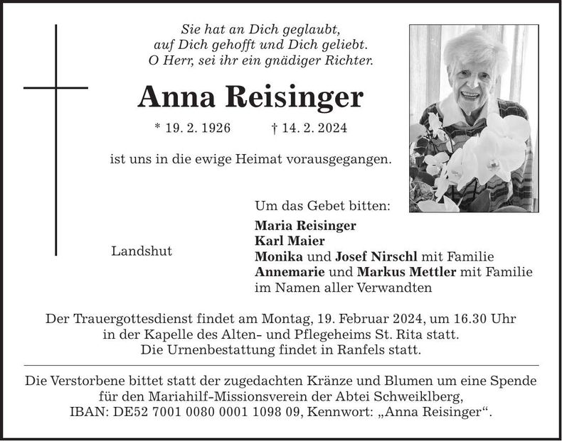 Traueranzeige Anna Reisinger