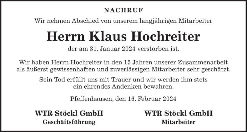 Traueranzeige Klaus Hochreiter