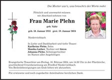 Traueranzeige Marie Plehn