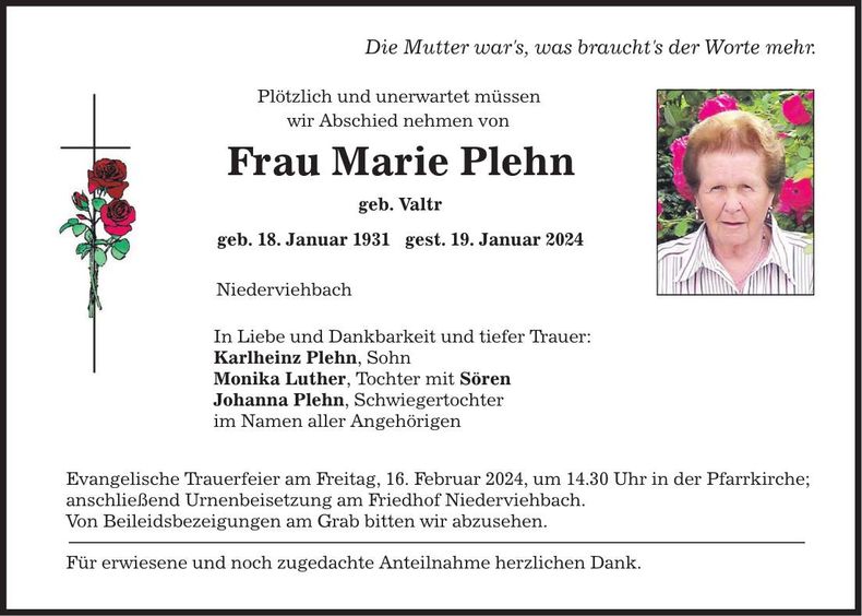 Traueranzeige Marie Plehn
