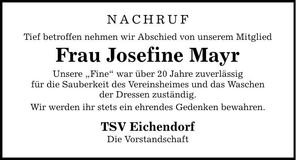 Traueranzeige Josefine Mayr
