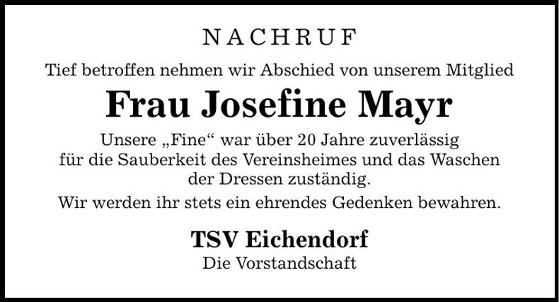 Traueranzeige Josefine Mayr