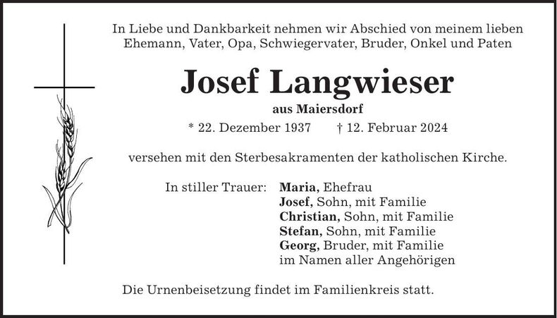 Traueranzeige Josef Langwieser