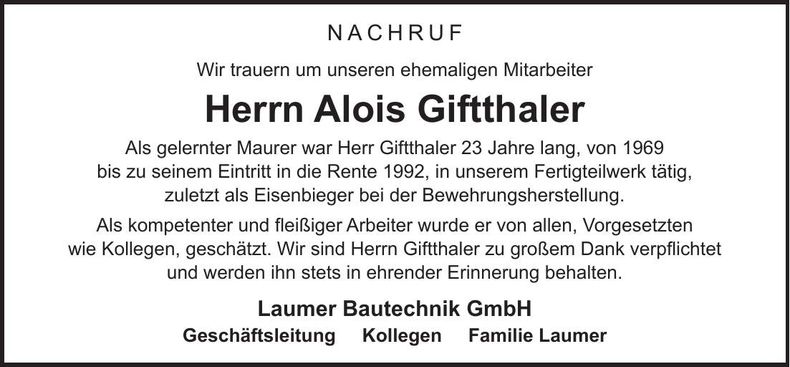 Traueranzeige Alois Giftthaler