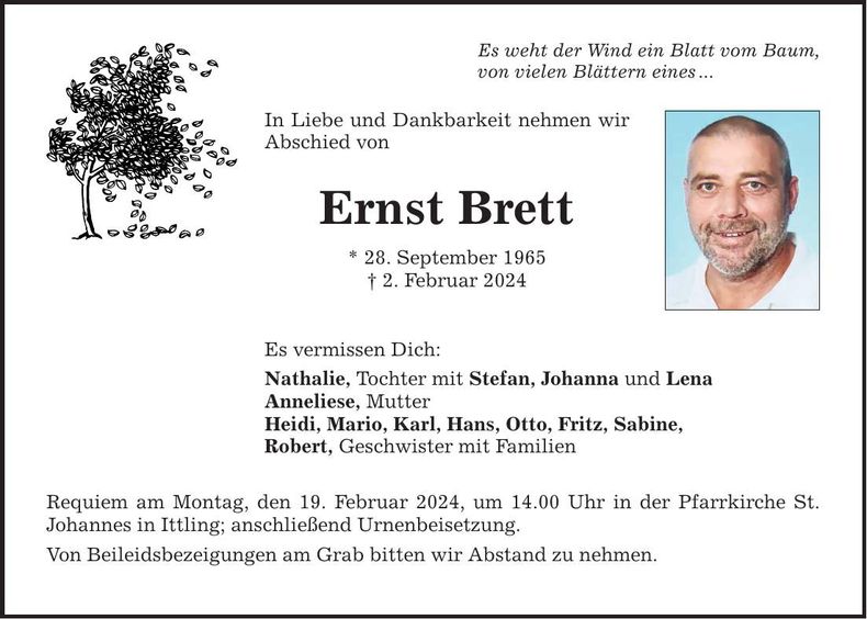 Traueranzeige Ernst Brett
