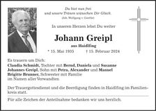 Traueranzeige Johann Greipl