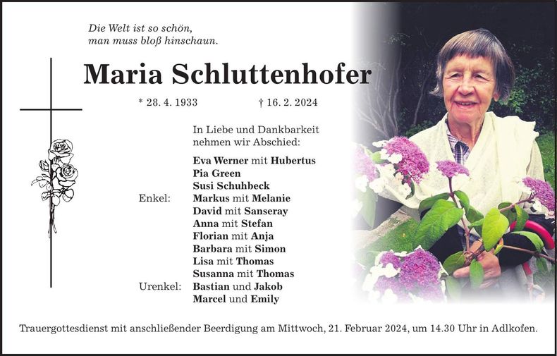 Traueranzeige Maria Schluttenhofer