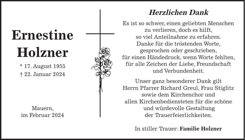 Traueranzeige Ernestine Holzner
