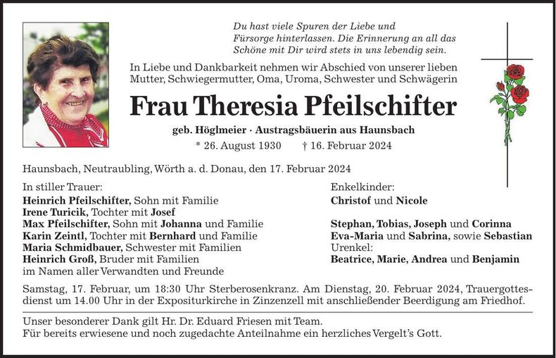 Traueranzeige Theresia Pfeilschifter