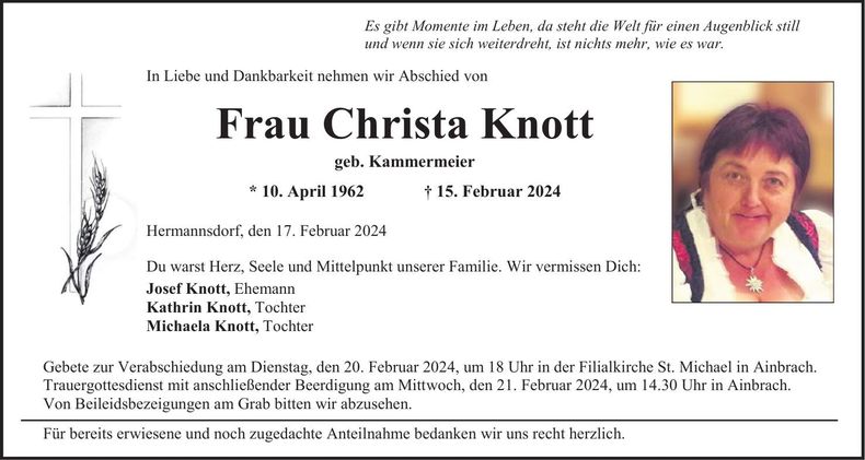 Traueranzeige Christa Knott
