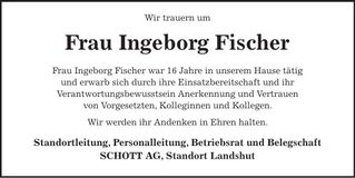 Traueranzeige Ingeborg Fischer